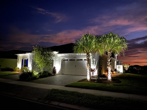 house with outdoor lighting and palm trees