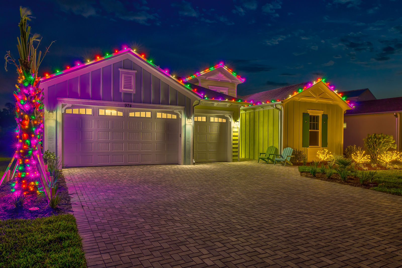 colorful lights on roof of house