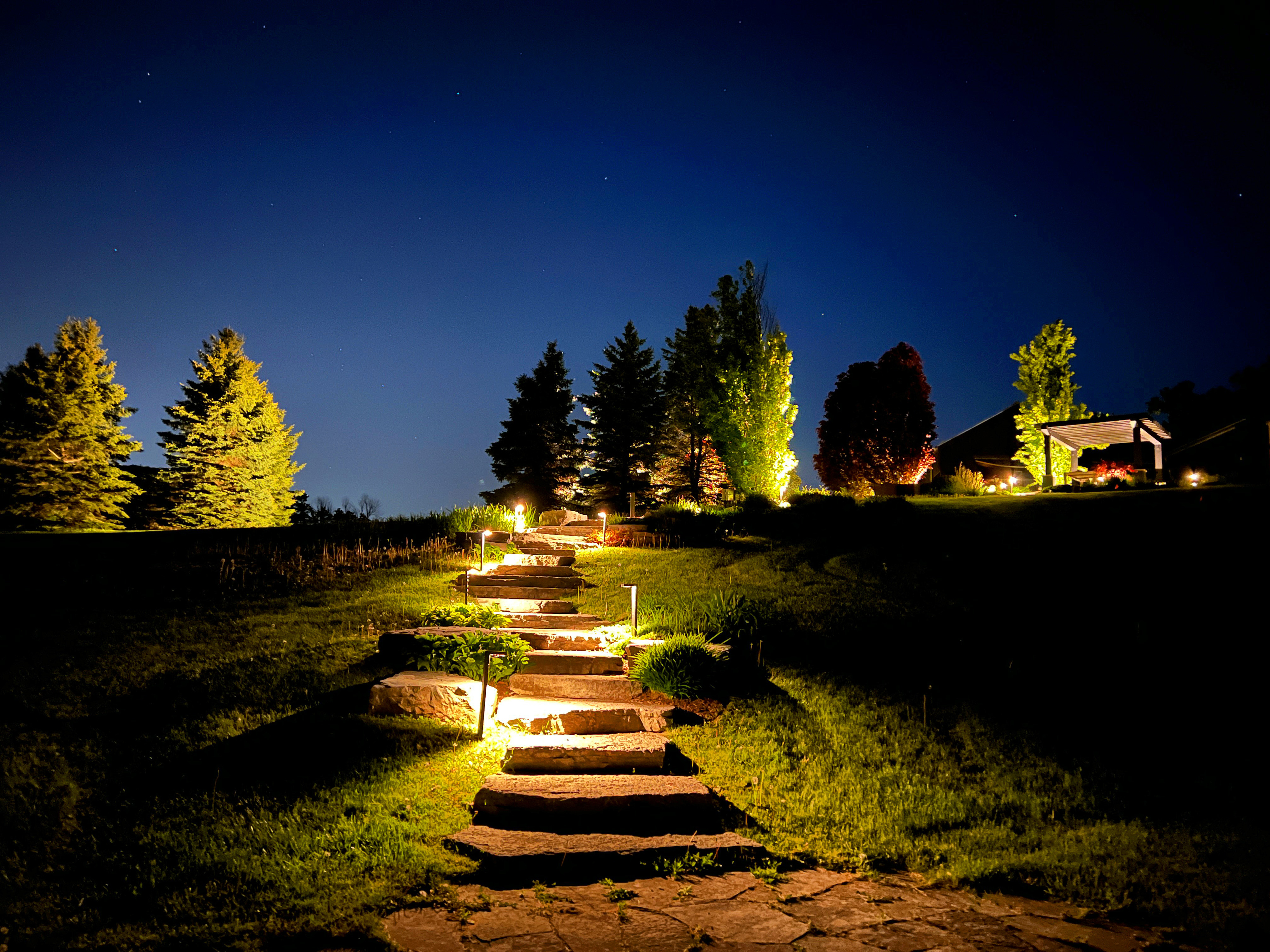 landscaped stairs with pathway lights