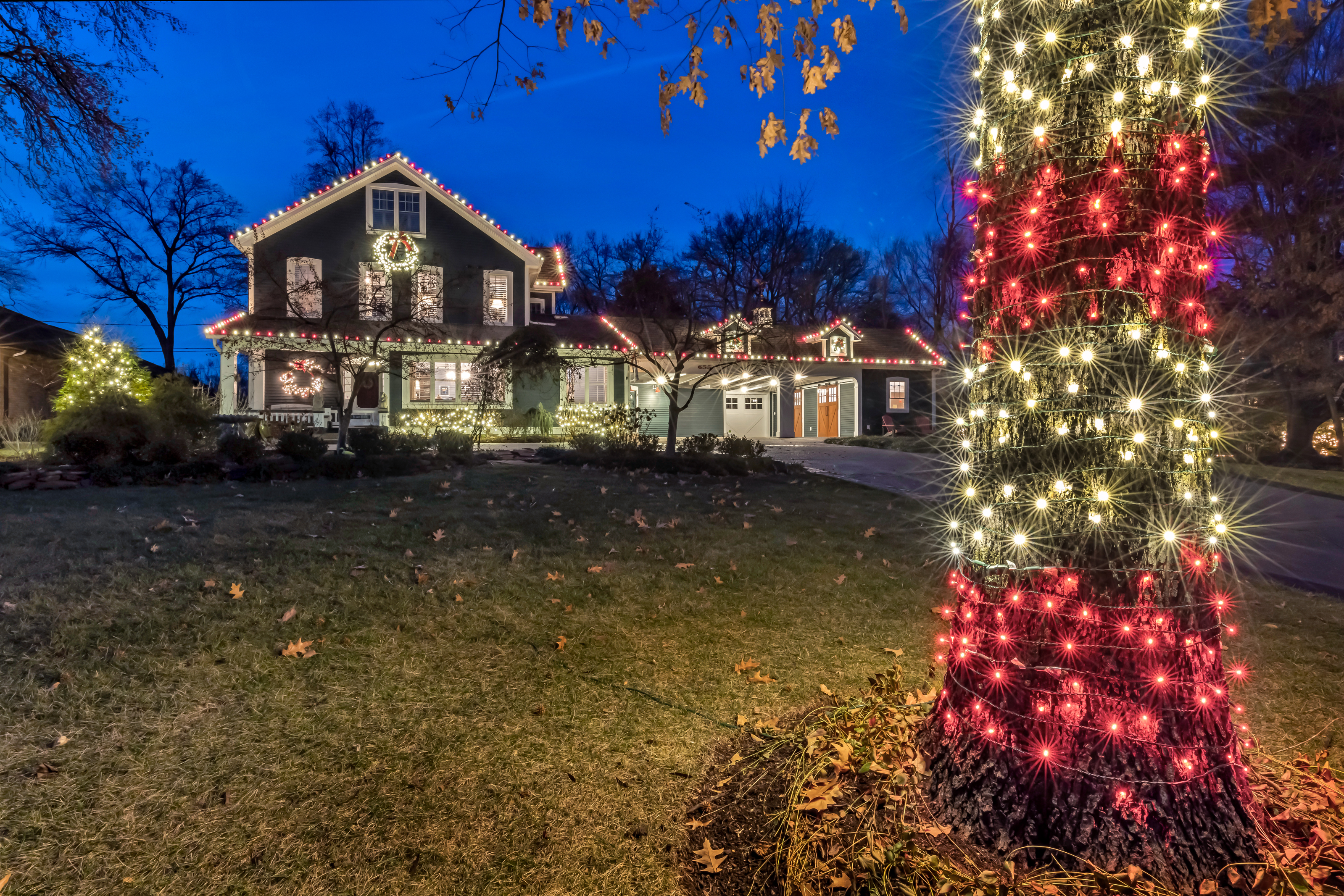christmas lights on house and tree
